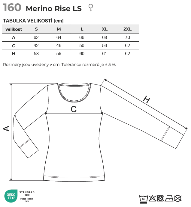 160 Merino Rise LS triko dámské Tabulka velikostí